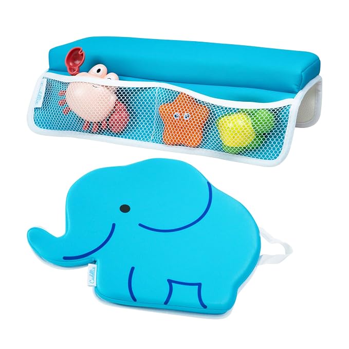 Cuddlix Baby Kneeler and Elbow Rest Pad Set for Baby Bathing Parents, Extra Thick Soft Mat with Organizer Pockets - Painless Kneeling Quick Drying Non-Slip for Newborn, Baby Blue