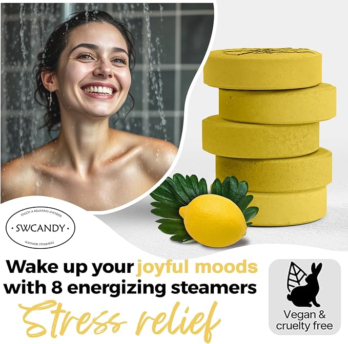 SWCANDY Lemon Shower Steamers 8 Pack, Home Spa Self Care | Clean citrus aromatherapy with natural essential oils; shower gift for women, men, wife & husband.
