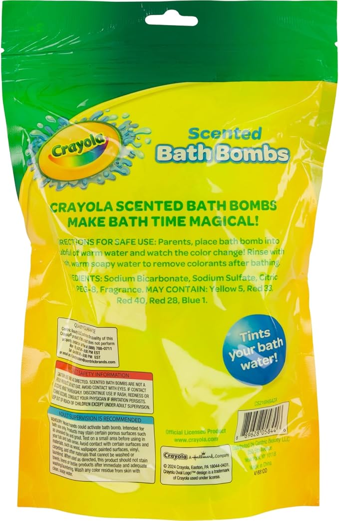 Crayola Colorful Scented Bath Bombs for Kids, Color You Bath Non-Toxic Bathbomb Fizzies for Boys Girls Holiday Stocking Stuffer, Grape Jam, Laser Lemon, Cotton Candy, & Bubble Gum Scents (Pack of 2)