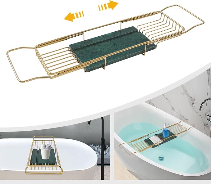 Expandable Bathtub Tray – 26.77" to 35.43" Adjustable Bathtub Caddy | with Natural Marble Board, Raised Guardrails, Tablet/Phone Stand – Home Spa Accessory for Bath, Holds 44 lbs (Gold + Green)