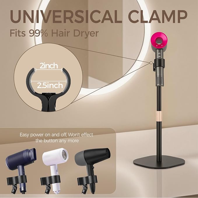 Hair Dryer Stand Holder-19 inch Ultra Stable Countertop Blow Dryer Stand | Enlarged Base Pedestal, Hands Free Blow Dryer Stand, 360 Degree Rotating, Height Adjustable, Works for 99% Blow Dryer