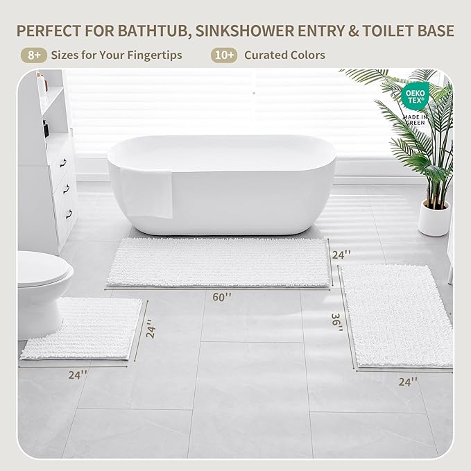 White Toilet Rugs U Shaped Washable, 24x24 Contour Bath Rugs for Toilet, Luxury Ultra Soft Chenille U-Shaped Toilet Rug, Non Slip Absorbent Machine Washable Bathroom Mat for Toile