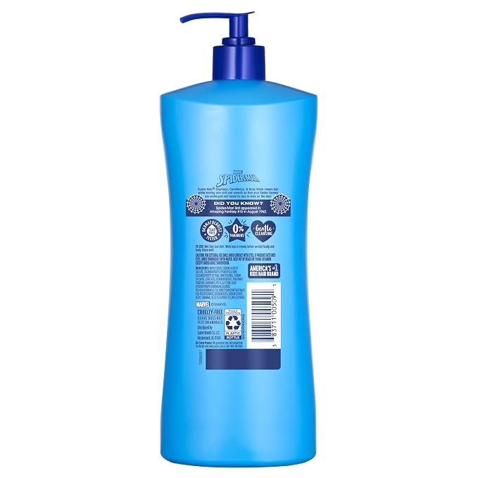 Suave Kids Marvel Spiderman 3 in 1 Shampoo, Conditioner, Body Wash, Fresh Spider Sense, Tear-Free & Gentle, Dermatologist Tested, 4 Count, 28 FL OZ Pump