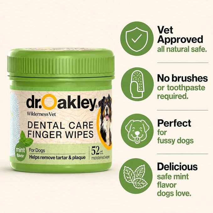 Dr. Oakley Dog Dental Wipes Finger Dental Care - Mint Flavor | Teeth Cleaner, Plaque Remover
