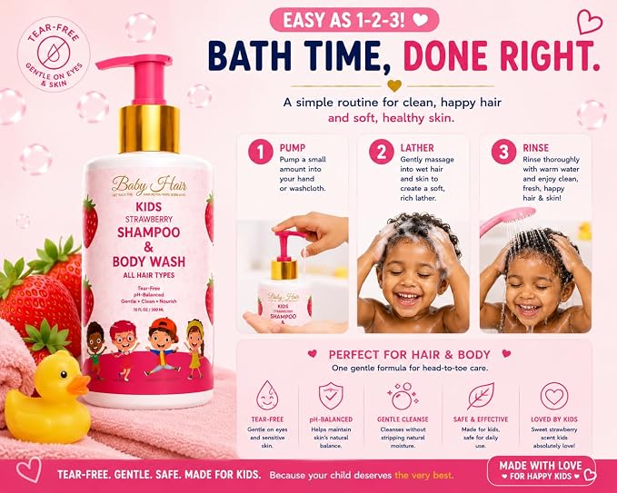 BABY HAIR - Strawberry Mineral Kids Shampoo/Body Wash, Sulfate-Free Tearless Shampoo and Body Wash, Shampoo For Kids with Strawberry Oil, Camellia Oil, and Biotin, No Tears Shampoo, 10 fl.oz.