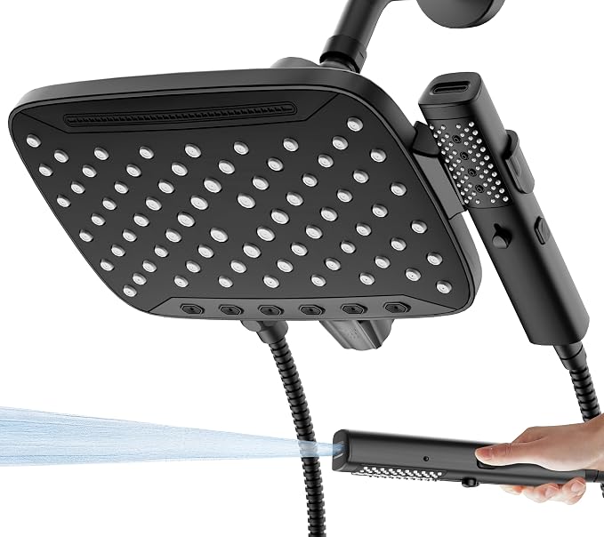 JDO High Pressure Rain Shower Head with Handheld Spray Matte Black, 7 Modes Dual Shower Head Combo, 10 Inch Rainfall Showerhead Detachable, Power Wash for Bathroom Cleaning