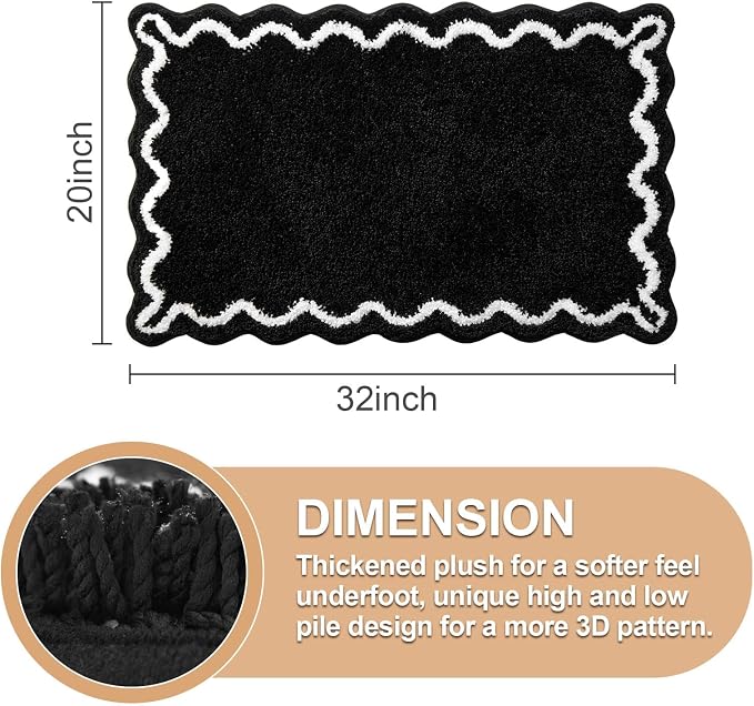ORTIGIA Black Bath Mat with White Scallop Non Slip, Quick Dry Bath Rug Absorbent Soft Plush Microfiber Bathmat for Bathroom Floor Carpet for Sink Bedroom, 20x32