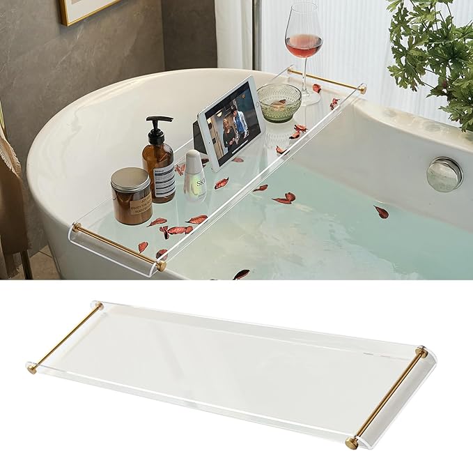 Bathtub Tray Clear Caddy Rack Acrylic Tub Tray Shelf with Gold Rails 31.5 inches Bathroom Accessories Rack Suitable for All Bathtubs.