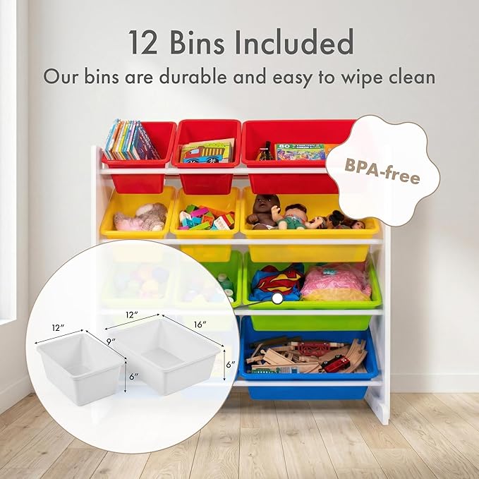 Humble Crew Toy Storage Organizer with 12 Removable Storage Bins for Kids Playroom, 4-Tier Toddler Toy Organization, White/Primary