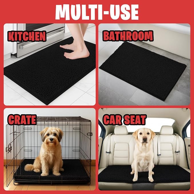 MUDGUARD MAT® Dog Door Mat for Muddy Paws, Super Absorbent Microfiber, Non-Slip Indoor Mat, Quick-Dry Chenille Rug for Pets & Entryway, Machine Washable, Black 24" x 60"