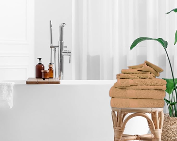 Luxury 8 Piece Set, 2 Bath Towels 2 Hand Towels 4 Washcloths, 100% Cotton Towels for Bathroom, Home, Spa, Hotel & Gym – Ultra Soft, Highly Absorbent, Quick Dry (Beige)