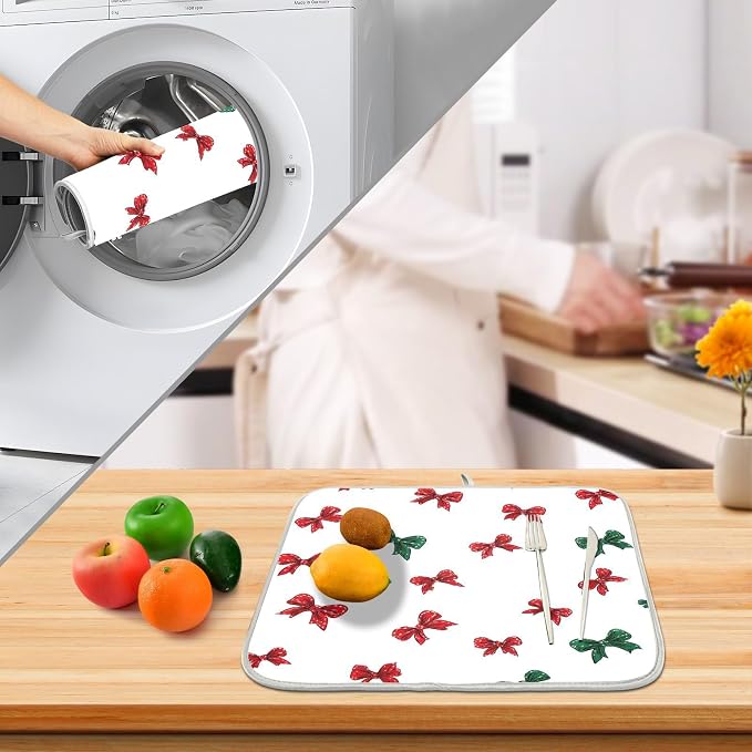 Christmas Bow Pattern Dish Drying Mat, Absorbent Drainer Mats for Kitchen Counter Coffee Maker 18"x16"