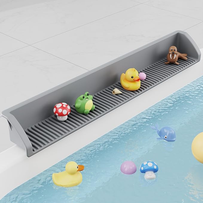 3 Ft Bathtub Splash Guard for Tub Kids, Bath Tub Toy Holder Storage Play Shelf, Longer Silicone Water Splash Guard for Bathtub with Strong Suction Cups, No Mess Water Spill in Bathroom, Grey