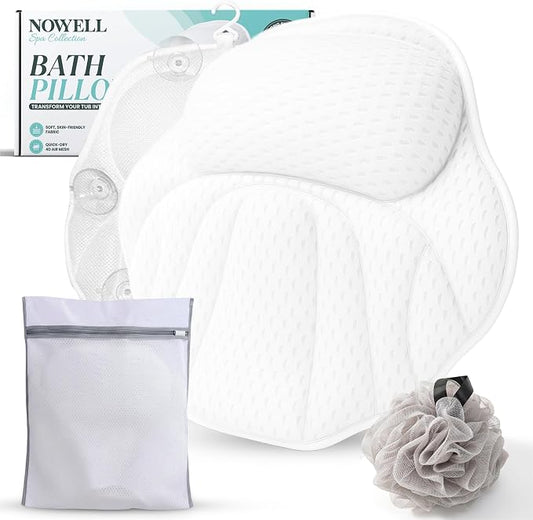 Bathtub Pillow for Head and Neck Support, Bath Pillow for Tub with 6 Suction Cups, Quick Dry Spa Tub Pillow, Bath Back Cushion with Mesh Polyester, Includes Bath Sponge and Wash Bag