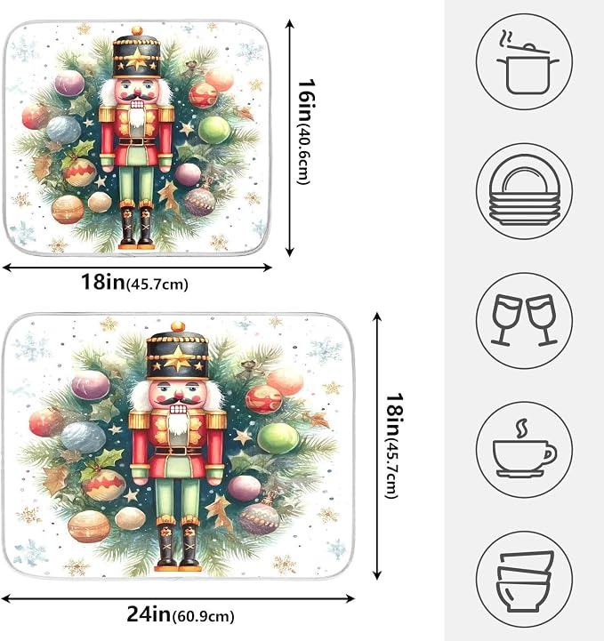 Watercolor Nutcracker Dish Drying Mat, Absorbent Drainer Mats for Kitchen Counter Coffee Maker 18"x16"