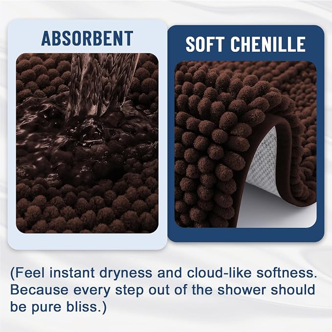 Grandaily Chenille Striped Bathroom Rugs 47x32, Extra Thick and Soft Absorbent Bath Mats, Rubber Backing, Plush Shaggy Shower Carpet, Machine Wash Dry, Bath Rug for Bathroom, Dark Brown