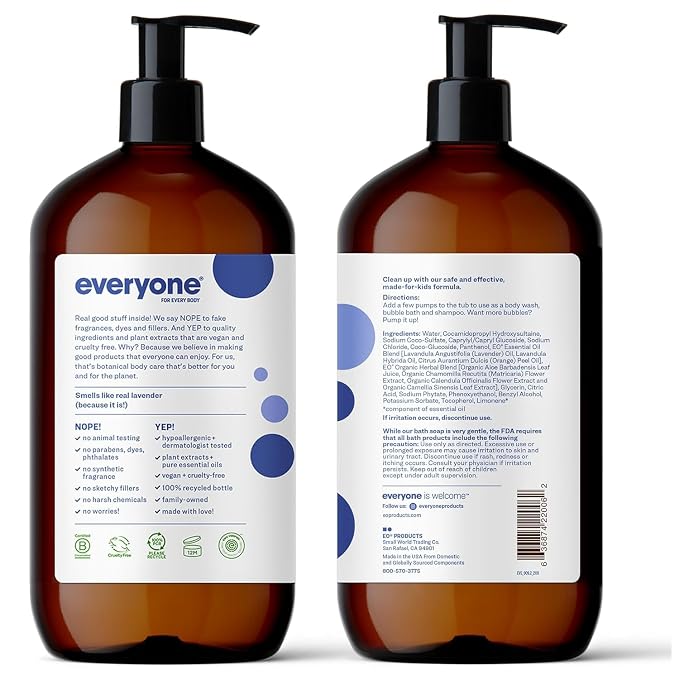 Everyone 3-in-1 Kids Soap, Body Wash, Bubble Bath, Shampoo, 32 Ounce (Pack of 1), Lavender Lullaby, Coconut Cleanser with Plant Extracts and Pure Essential Oils