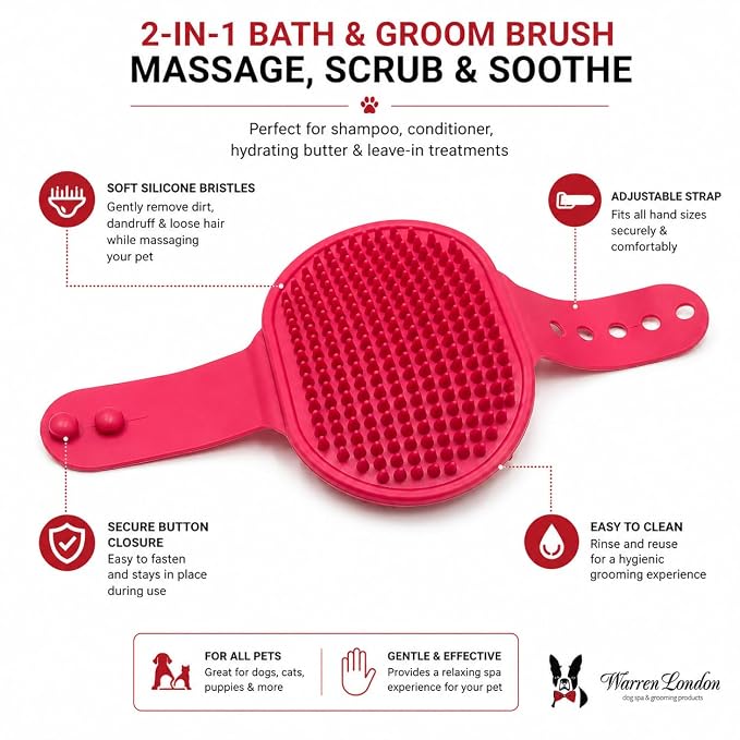 Warren London 2-in-1 Bath & Groom Brush for Dogs & Cats – Red Silicone Scrubber & Applicator for Shampoo, Hydrating Butter or Leave-In Conditioner – Gentle Massaging Grip
