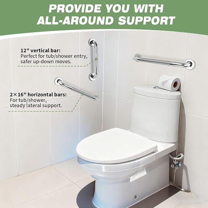 3 PCS Grab Bars for Seniors Bathroom, 16" and 12" Anti Slip Shower Safety Handle, Stainless Steel Shower Support Bar Holds up to 500LBs, Bath Assist Handles for Handicap Elderly Injury Pregnant