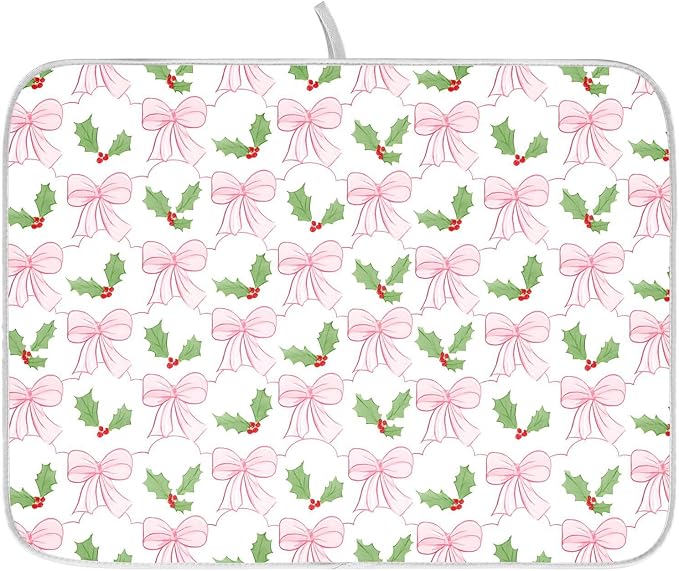 Pink Bow Christmas Holly Leaves Dish Drying Mat, Absorbent Drainer Mats for Kitchen Counter Coffee Maker 24"x18"