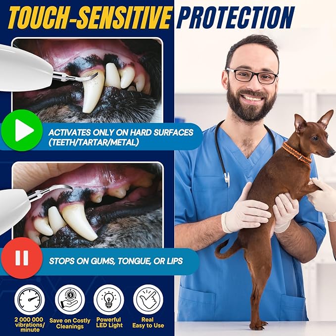 SIRGAWAIN Pet Ultrasonic Dental Cleaner — Plaque, Tartar & Stains Remover, 4 Tips, 3 Modes, LED, Contact-Activated & Smart Touch Protection, Complete Cleaning Kit for Dogs & Cats (White)