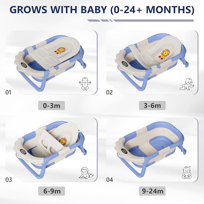 MoreFeel Foldable Baby Bathtub with Thermometer - 4-in-1 Grow-with-Me Collapsible Infant Tub (Newborn to Toddler) with Adjustable Mesh Sling - Space Saving Design