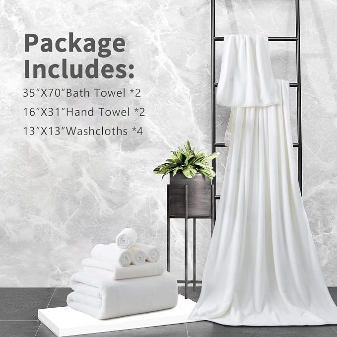 8 Piece Bathroom Towel Set White |2 Oversized Large Bath Towels Sheet,2 Hand Towels,4 Washcloths|Ultra Soft Microfiber Towel Set for Bathroom Hotel,Highly Absorbent Quick Dry Bath Towel Collections