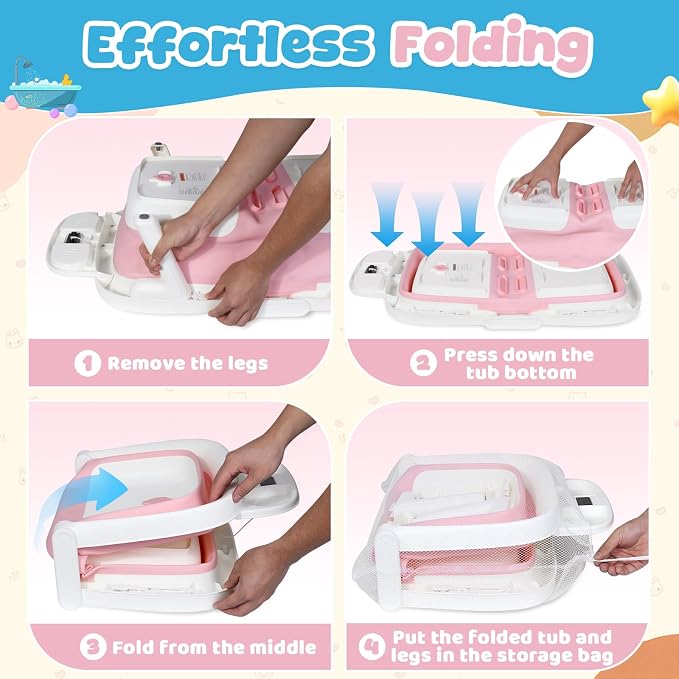 Orzbow Collapsible Baby Bathtub, Large Baby Bath Tub for Newborn with Soft Cushion & Thermometer, Travel Portable Baby Tubs for Infants to Toddler 0-36 Months, 28x16.9 inches, Pink