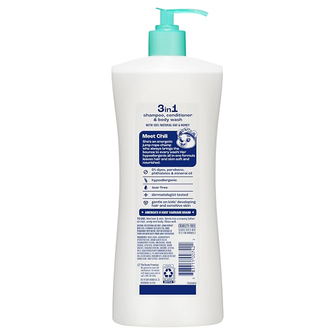 Suave Kids Purely Fun 3 in 1 Shampoo, Conditioner & Body Wash with Oat & Honey, Tear-Free, Hypoallergenic, Gentle Hair Care for Kids with Sensitive Scalps, 4 Count, 28 fl oz