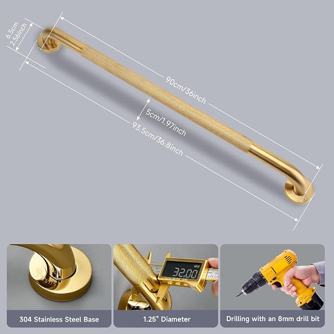 36 Inch Shower Grab Bar 1.25" Dia, 2 Pack Gold Anti Slip Bathroom Grab Bar, 304 Stainless Steel Knurled Handicap Grab Bars, Safety Support Handrail,Bath Shower Handle for Elderly Injury Senior