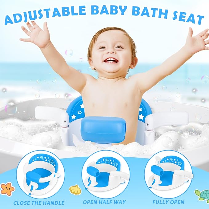 Baby Bath Seat 6M+, Non-Slip Cushion, CPSC Certified, 5-Pc Set, Blue | BPA-free PP+TPR, easy-release handle, ergonomic backrest, lightweight & portable, available in blue