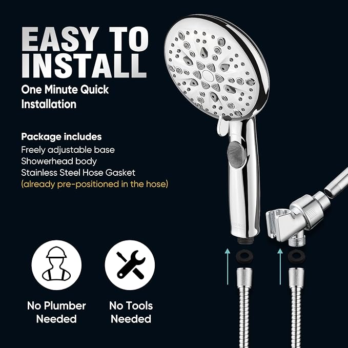 Cobbe 9-Function Shower Head with Built-in Power Spray, 1.8 GPM Water Saving ON/OFF Toggle Switch, High Pressure Handheld Showerhead with 1-Click Pause Button, Brass Bracket & 6ft Hose, Chrome