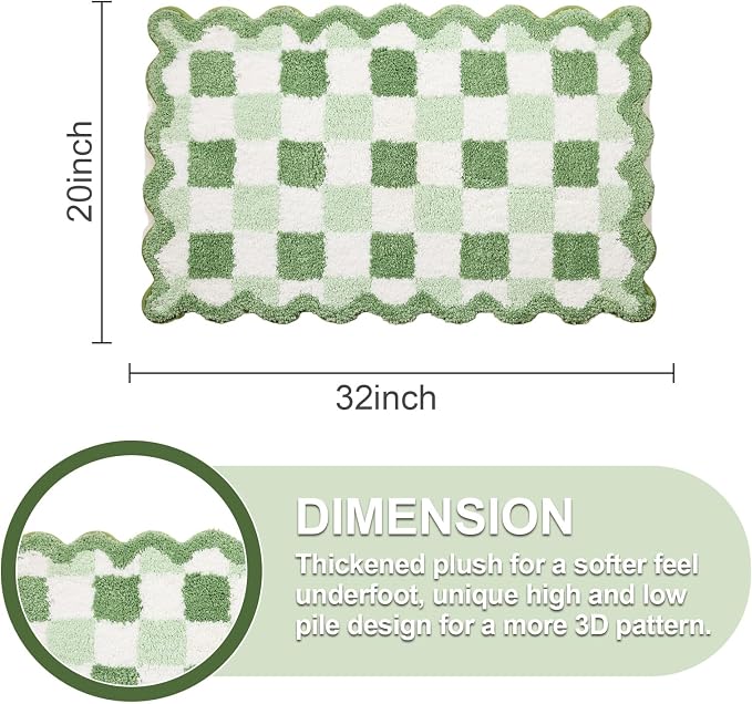 ORTIGIA Cute Green Checkered Scalloped Bath Mat, Fun Plush Microfiber Bathroom Rugs Non Slip Washable Quick Dry Absorbent, Bath Rug Carpet for Shower Stall Vanities Kitchen Floor Entrance, 20x32