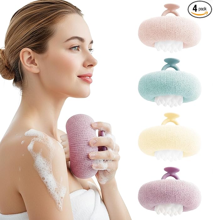 4Pcs Super Soft Sunflower Suction Cup Bath Ball, 2-in-1 Super Soft African Exfoliating Shower Towel Net Sponge Bath Ball, Exfoliating Bath Net Sponge Body Scrubber Shower Ball for Men Women (Purple)