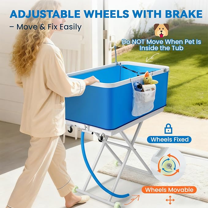 Foldable Dog Bathing Tub with Wheels, Adjustable Height 0-26.8" Pet Wash Station, Portable Dog Bath Tub for Large Dogs Up to 90lbs, with Drain & Storage Bag