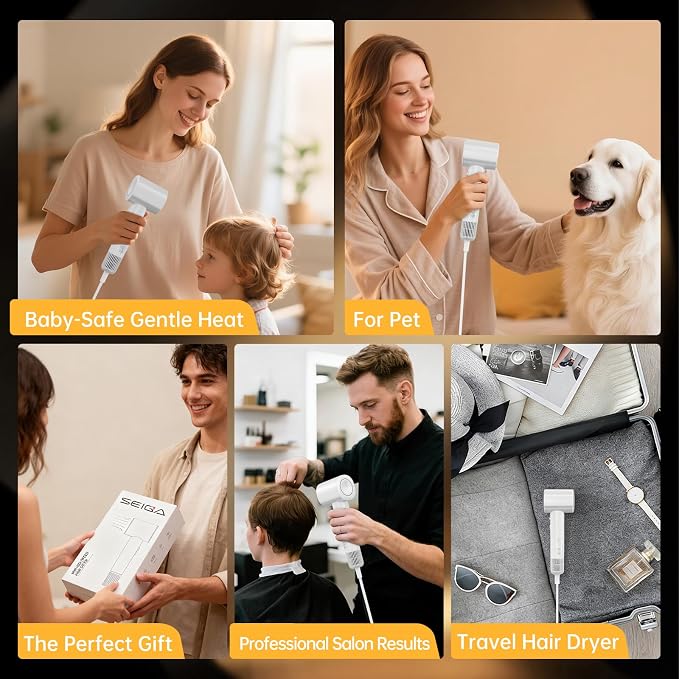 Smart Hair Dryer with Intelligent Heat Control, Negative Ionic Hair Dryer with 110,000 RPM High-Speed Motor, Fast Drying, Low Noise, Anti-Frizz, 5 Temps & 2 Speeds, for Home & Travel, No Heat Damage
