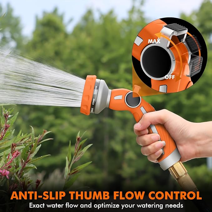 RESTMO Hose Nozzle Heavy Duty, Metal Water Hose Sprayer for Garden | 9 Spray Patterns, High Pressure, Thumb Flow Control, On/Off Valve, Ideal for Outdoor Lawn & Plant, Car & Pet, Orange