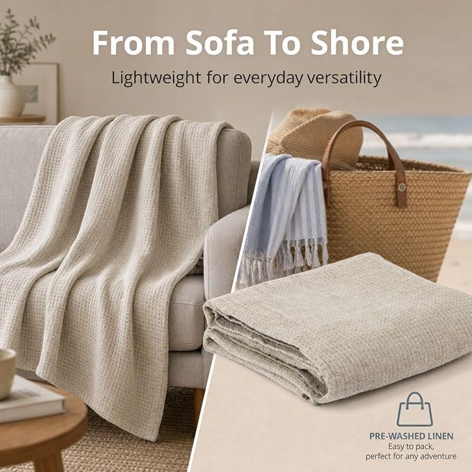 Pure 100% Flax Linen Blanket – 50x60-inch Linen Throw Blanket Waffle Weave – Breathable Cooling Blanket – Versatile Beach Blanket – Pre-Washed Lightweight European Flax
