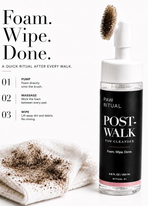 Dog Paw Cleaner, No-Rinse Foaming Paw Cleanser for Dogs with Silicone Brush, Gentle for Sensitive Paws, Puppy Safe, Plant-Derived Formula, Paw Ritual Post-Walk, 6.8 fl oz