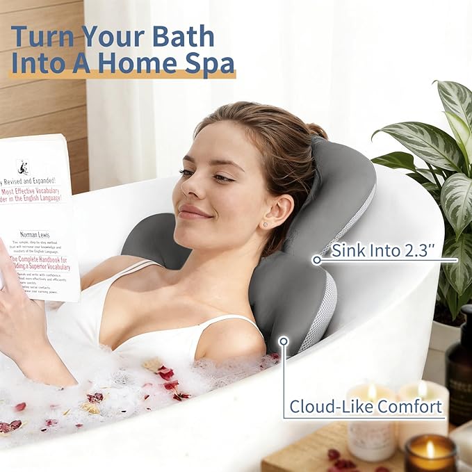 Bath Cushion, Full Body Bathtub Pillow with 160 Suction Cups, Bath Mat for Head and Neck Support, with Laundry Bag (Dark Gray, 56" x 16")