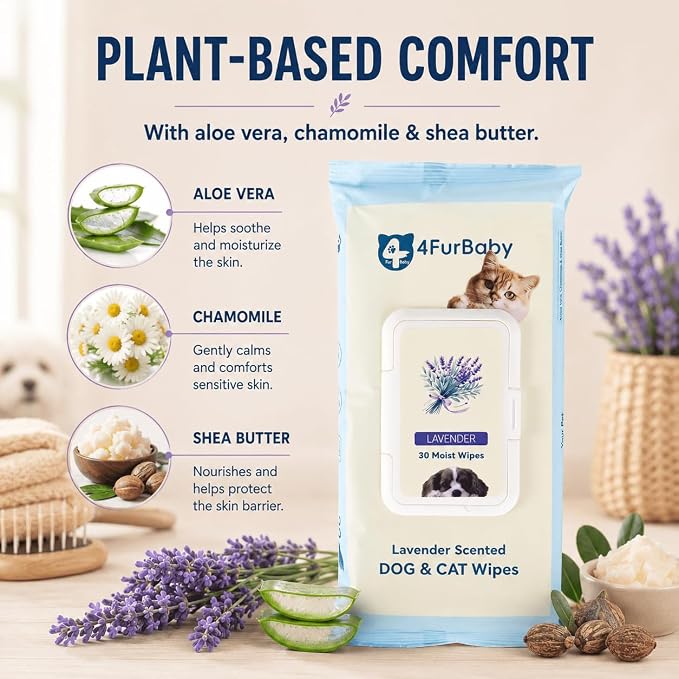 Dog Wipes for Paws and Butt, Lavender, 30 Count | 8" x 8" hypoallergenic and hydrating pet grooming wipes for dogs, cats, and daily care.