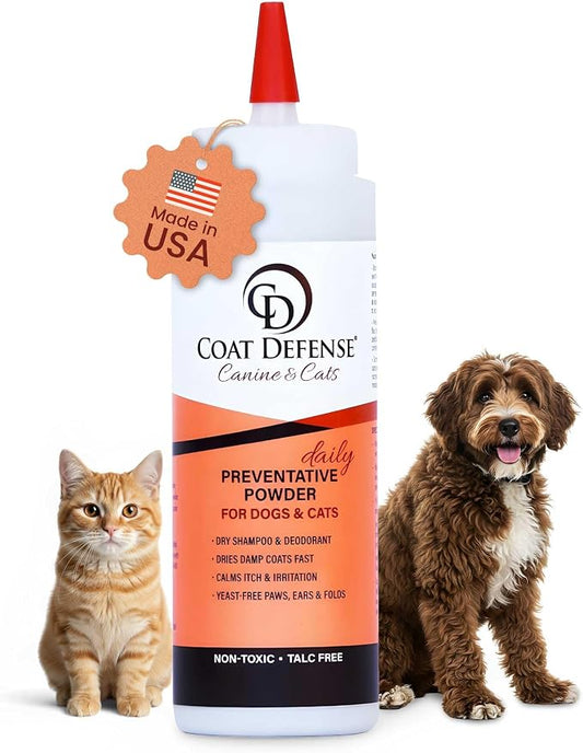 COAT DEFENSE Daily Preventative Powder | Made in USA | 9oz Precision Point Waterless Dog Shampoo & Pet Deodorizer for Smelly Dogs | Provides Anti Itch Relief | Dog Shampoo for Dry Itchy Skin