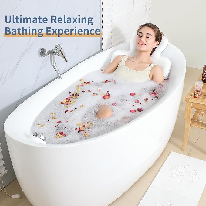 Luxury Bath Cushion, Full Body Bathtub Pillow with 160 Suction Cups, Bath Mat for Head and Neck Support, with Laundry Bag (White, 51" x 16")