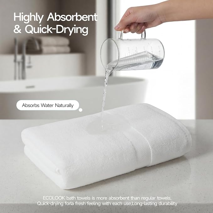 ecolook 2 Pack 100% Cotton Bath Towels, 28 x 55 Inches, Soft | Lightweight, Highly Absorbent & Quick Dry Body Towels for Bathroom, Shower, Gym & Daily Use, White