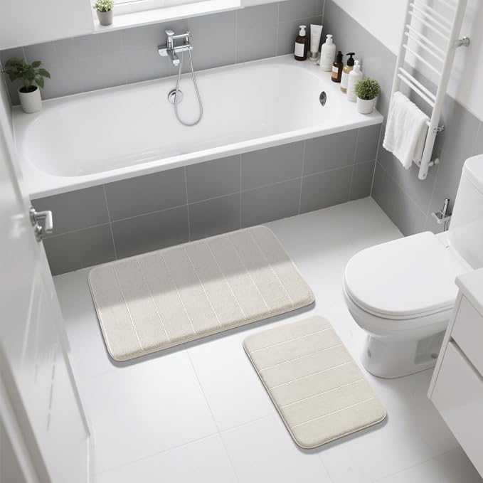 Yimobra Memory Foam Bathroom Rugs Sets 2 Piece - Super Soft Absorbent Quick Dry Bath Mat Set, Machine Washable Non Slip Floor Carpet for Tub Shower & Single Sink (17x24 & 31.5x20 Inch, Cream White)