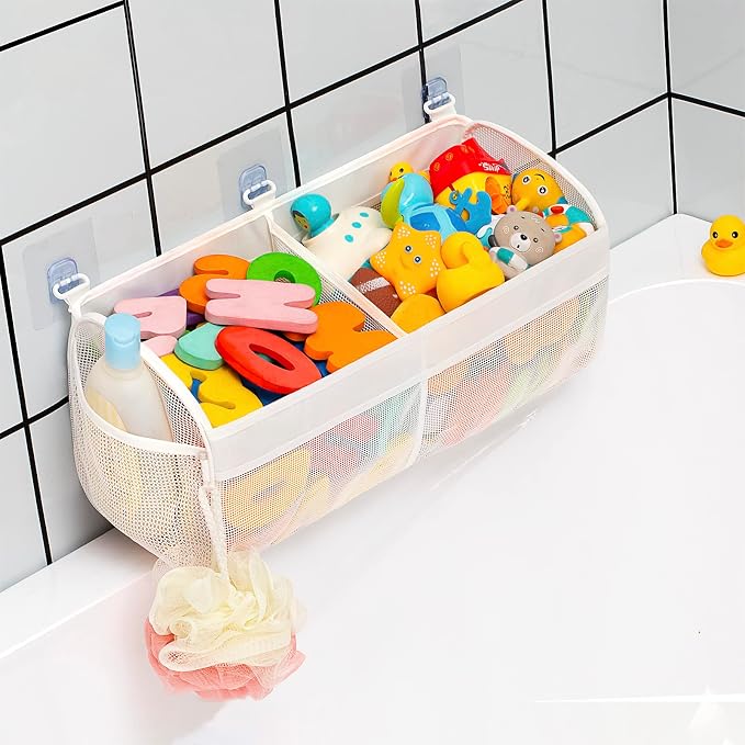 Austion Original Two Compartment Easy-access Mesh Bath Toy Organizer for Bath Tub with Large Openings Quick Drying Cute Toddler Bath Toy Storage Holder for Baby