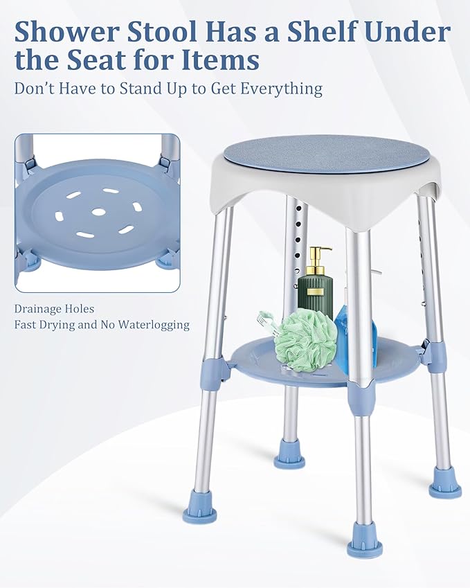 Shower Stools for Seniors, Small Shower Chair for Inside Narrow Tub, Height Adjustable Swivel Shower Chair with Storage Tray, 360° Rotating Narrow Shower Chair for Bathtub Small Tub, Blue