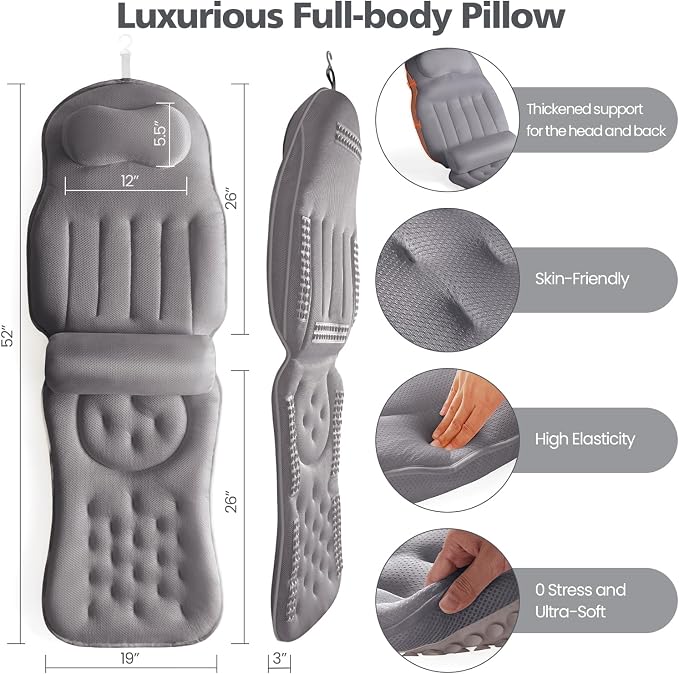 Full Body Bath Pillow for Bathtub,Thick Bathtub Cushion Soft 5D Mesh Spa Cushion,Luxury Tub Pillow with Laundry Bag for Headrest Neck and Back Support,Gift for Soaking (Gray)
