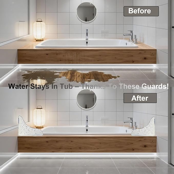 2PCS Shower Splash Guard for Bathtub Corner, Adhesive Clear Waterproof Shield, Removable Bathtub Water Guards Barrier Shower Water Guard to Keep Bathroom Floor Dry for Tub, Shower, Kitchen Sink