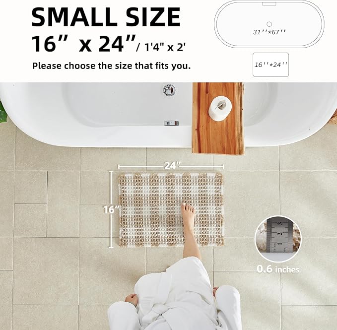 TYUU Waffle Bath Mat, Boho Bathroom Rugs Non Slip Washable Absorbent Checkered Bathroom Mat Quick Dry Farmhouse Bathroom Decor, 24"x16" Khaki and White